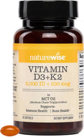NatureWise Vegan Vitamin D3 + K2 with Organic Coconut MCT Oil - Natural D3 5000IU + Natural K2 100mcg - High Absorption Bone Support - Soy & Gluten Free - USA Manufactured - 30 Softgels[30-Day Supply]