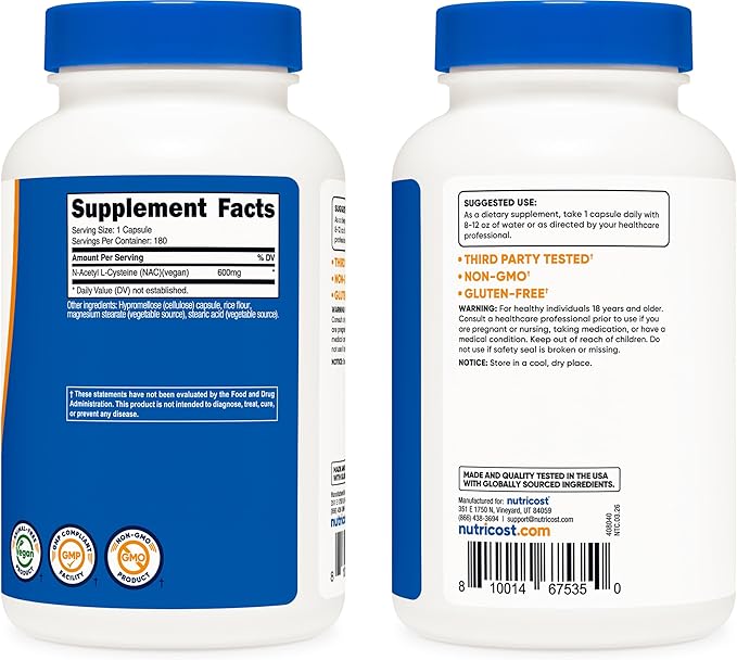 Nutricost N-Acetyl L-Cysteine (NAC) 600mg, 180 Capsules - Non-GMO, Gluten Free