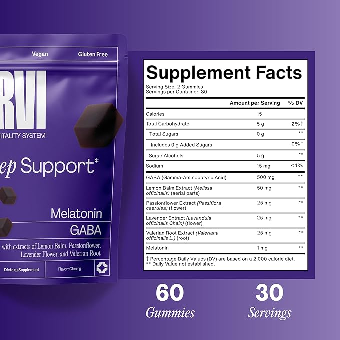 URVI® Sleep Gummies – 1mg Melatonin, 500mg GABA, Lemon Balm, Lavender, Valerian & Passionflower – Relaxation & Restful Sleep – Vegan, Sugar-Free, Gluten-Free – Cherry Flavor, 60 Count