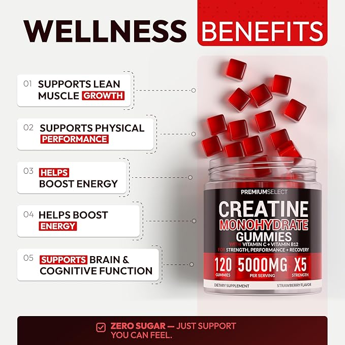 Sugar Free Creatine Monohydrate Gummies 5g Per Serving - 120 Monohydrate Creatine Gummies Advanced Complex with Vitamin C + Vitamin B12 for Muscle Strength, Energy Boost, Pre-Workout Gummy