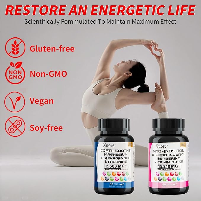 cortisol & myo-inositol Supplement Bundle with ashwagandha, Magnesium, l-theanine, d-Chiro inositol, folate, Berberine, chasteberry for Stress Relief & Balance