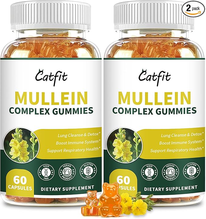 Catfit (120 pcs) Mullein Gummies for Lungs Detox &Lymphatic Drainage,Mullein Leaf Extract,Quercetin&Elderberry for Respiratory & Immune Support,Vegan, Pineapple Flavor, (2 Pack)