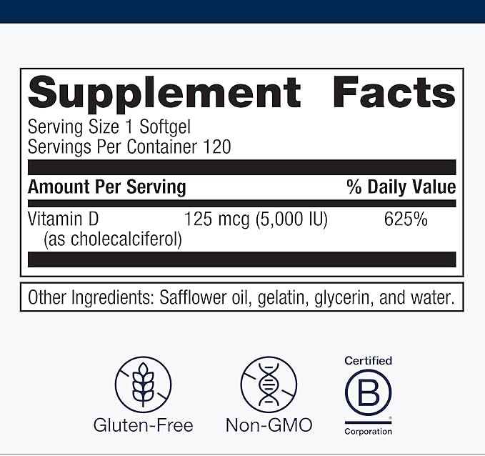 Metagenics Vitamin D3 5000 IU Supplement - High Potency Softgels for Immune, Bone & Heart Health* - 125 mcg Cholecalciferol in Coconut Oil for Enhanced Absorption* - Non-GMO, Gluten-Free - 120 Count