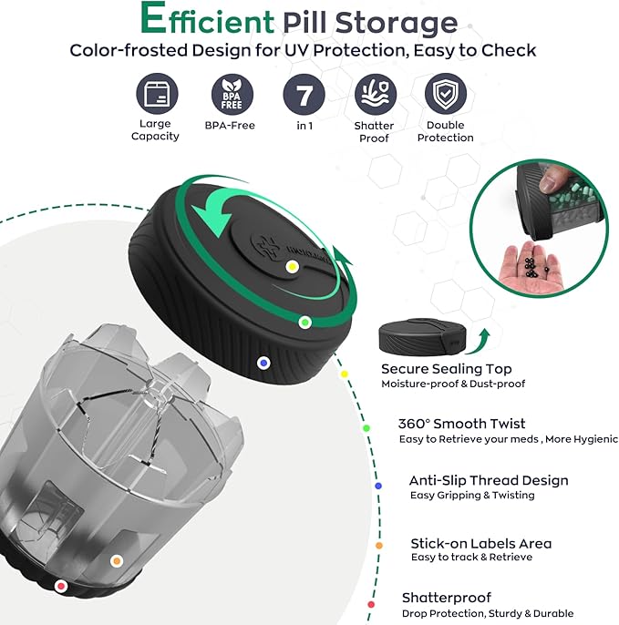 HIONXMGA Large Pill Dispenser with 7 Compartments, Portable Pill Bottle Organizer for Travel, Anti-Mix Supplement Organizer Easy Twist Wide-Opening, BPA-Free Pill Box Container with 20Pcs Labels,Black