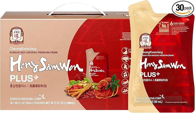 JUNG KWAN JANG US HongSamWon Plus - Korean Red Ginseng Tea, Pre and Post Workout Herbal Energy Drink with Jujube & Reishi Mushroom - Caffeine Free, Gluten Free, Non-GMO (30 Pouches, 1.69 fl oz)