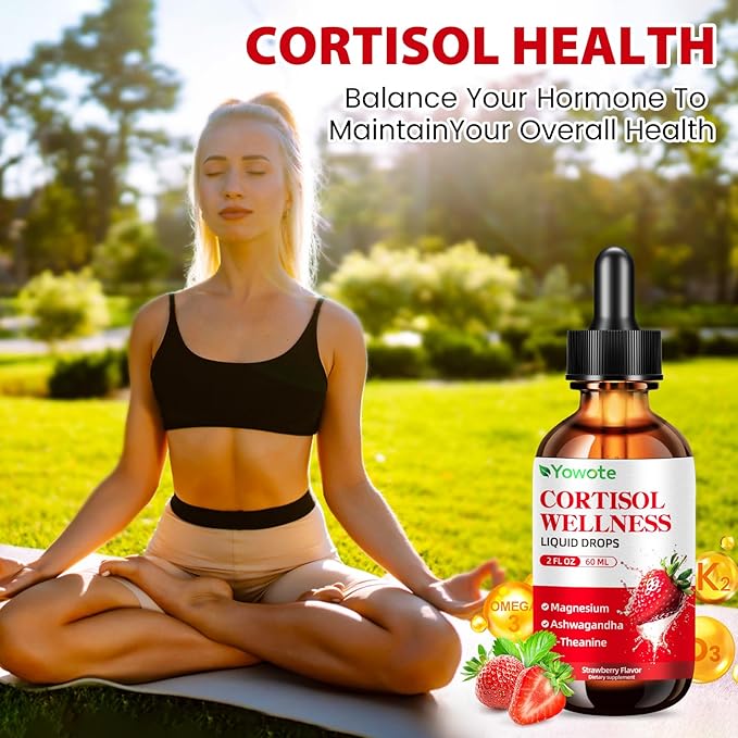 Cortisol Support Supplements for Men and Women, Cortisol Detox Hormone Balance with Magnesium, Ashwagandha, L-theanine, Phosphatidylserine for Lower Cortisol, Calm, Mood Support (60ML, strawberry)