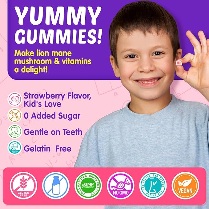 Kids Brain Gummies with Lion's Mane Mushroom, Methyl B6, B9, B12, Super Greens, Lutein, Brain Booster Supplement for Focus & Attention, Cognitive Function, Vision & Energy, Sugar Free, Vegan 60 Count