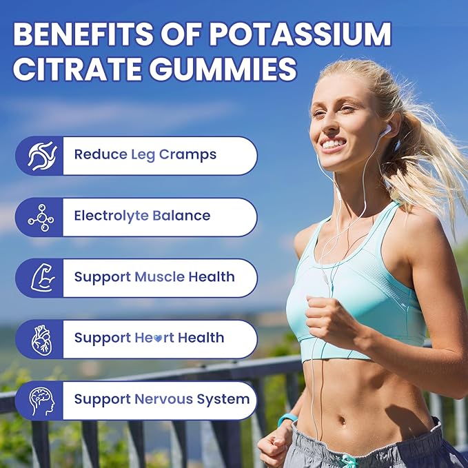 Potassium Citrate 1200mg Gummies for Adults Women & Men, Chewable Potassium Supplement for Muscle Health & Electrolyte Support, Sugar Free, Blueberry Flavor, 60 Count