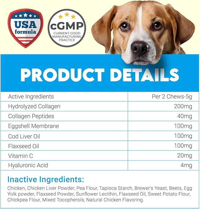 Collagen for Dogs - 150 Chews - Joint, Skin & Coat Supplement with Hyaluronic Acid, Eggshell Membrane & Vitamin C - Daily Hip & Joint Support for Senior Dogs & Puppies - Chicken