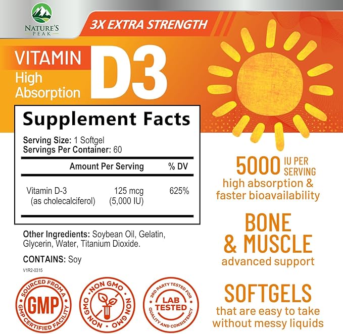 Vitamin D-3 5000 IU (125 mcg) Per Serving Softgels - Extra Strength Vitamins D Dietary Supplement for Bone, Teeth, Muscle Health & Immune Support, Rapid Absorbtion USA Bottled, Gluten Free - 60 Count