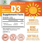 Vitamin D-3 5000 IU (125 mcg) Per Serving Softgels - Extra Strength Vitamins D Dietary Supplement for Bone, Teeth, Muscle Health & Immune Support, Rapid Absorbtion USA Bottled, Gluten Free - 60 Count