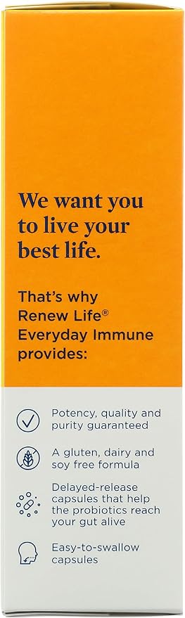 Renew Life Probiotic Everyday Immune Capsules, Daily Supplement Supports Respiratory and Immune Health, L. Rhamnosus GG and B. lactis Bl-04, Dairy, Soy and gluten-free, 10 Billion CFU, 30 Count