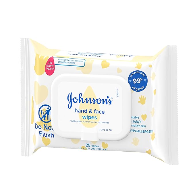 Johnson's Baby Disposable Hand & Face Cleansing Wipes, Pre-Moistened Wipes Gently Remove 99% of Germs & Dirt from Delicate Skin, Paraben-, Phthalate- & Alcohol-Free, Hypoallergenic, 25 Count