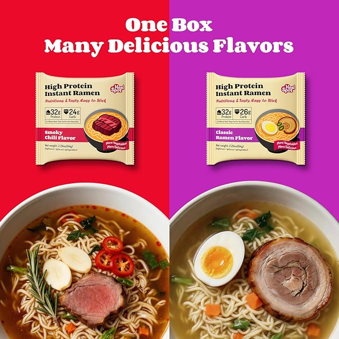 Healspot High Protein Instant Ramen Variety Pack, 6 Pack Non Fried Ramen Broth, 32g Plant Based Protein, Low Fat, Low Carb, Non GMO, Keto Friendly & Plant Based (Smoky-Beef,Classic-Pork)