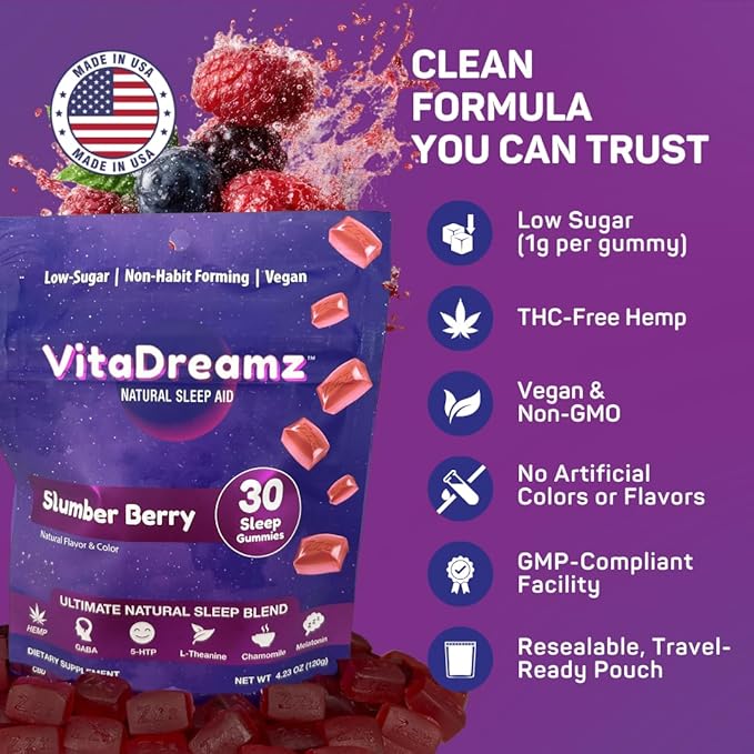 Premium Melatonin Sleep Gummies | Advanced Nighttime Blend with GABA, L-Theanine & Chamomile | Slumber Berry Vegan Gummies for Calm Relaxation & Restful Sleep | 30 Count