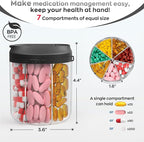 Hionxmga Pill Bottle Organizer with 7 Large Compartments, Pill Dispenser for Travel, Supplement Organizer with Anti-Mixing Design, BPA-Free Pill Container with 20 Pcs Labels, Black