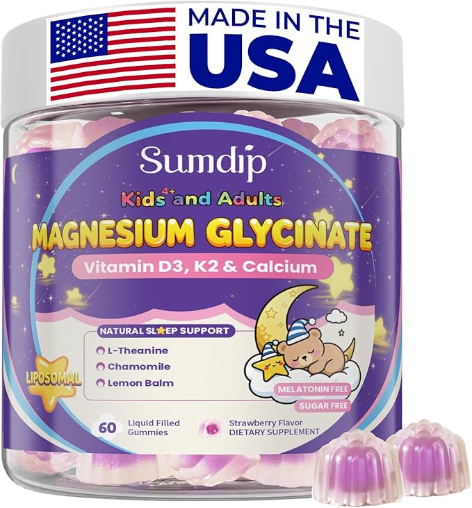Magnesium Glycinate Gummies 400mg for Kids and Adults - Liposomal Magnesium Supplement with D3, K2 and Calcium for Sleep, Calm and Bones, Melatonin-Free, Sugar-Free, Strawberry Flavor, 60 Gummies