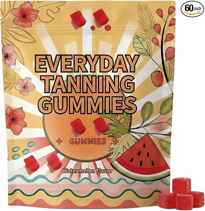 Daily Tanning Gummies – Natural Sunless Tanning for Women with Astaxanthin, Lycopene & Beta Carotene – Antioxidant Rich, Boosts Melanin – Watermelon Flavor – 60 Chewables