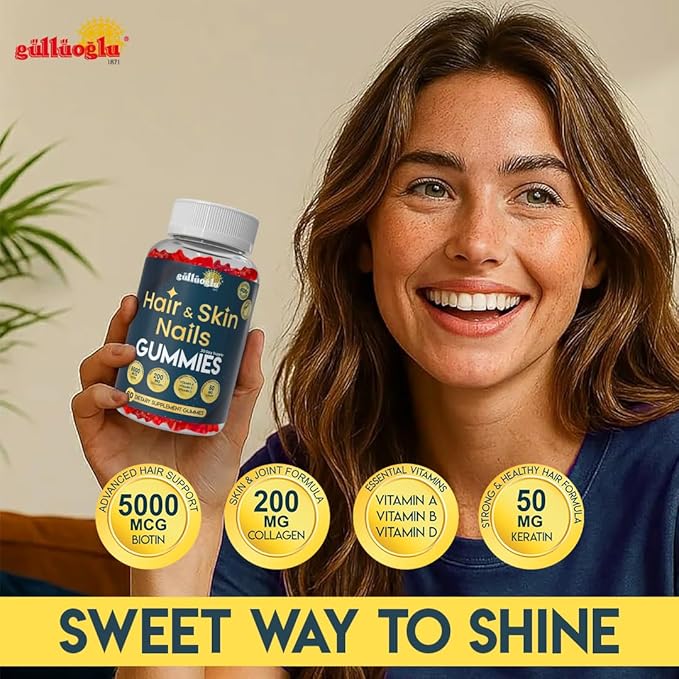 SINCE 1871 GÜLLÜOGLU Hair, Skin & Nails Gummies – Biotin 5000 mcg, Collagen 200 mg & Keratin 50 mg – with MSM, Bamboo & Vitamins A, C, D, E – Gluten-Free, Non-GMO, 60 Berry Gummies