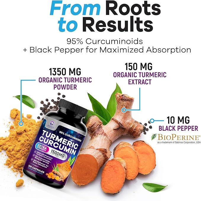 Turmeric Curcumin Supplement - 1350mg Organic Turmeric Per Serving - 95% Curcuminoids & BioPerine Black Pepper Extract for Best Absorption - Natural Vegan Joint Support, Bottled in USA - 240 Capsules