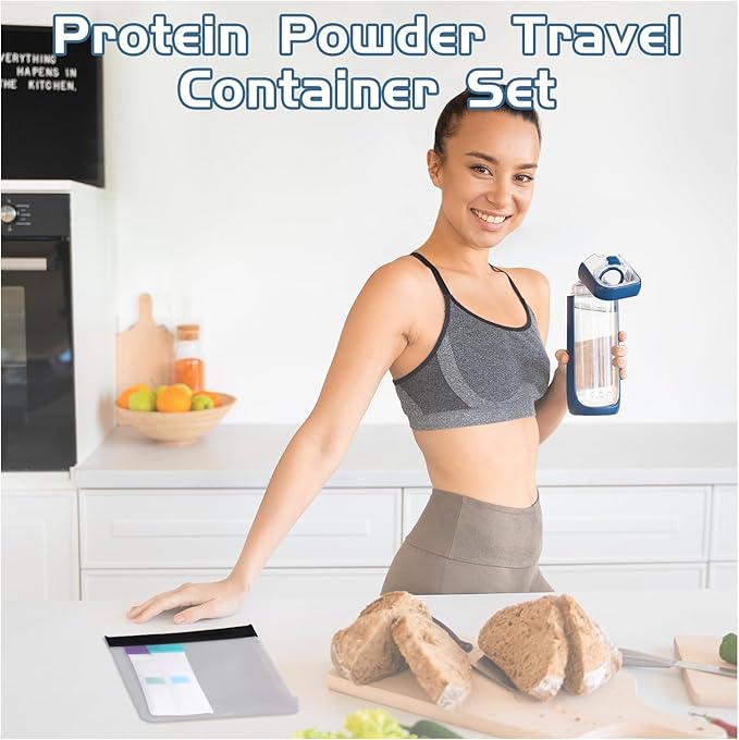 Protein Powder Travel Container Set, Reusable Protein Powder Container Dispenser Supplement with Funnel Spoon Notes 14PCS Single Dose Bags and 2PCS Large Standable Zip Bags for Workout Fitness Travel