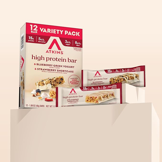 Atkins Blueberry Greek Yogurt & Strawberry Shortcake High Protein Bar, High Fiber, Keto Friendly, 12 Count (6 Bars Each Flavor)