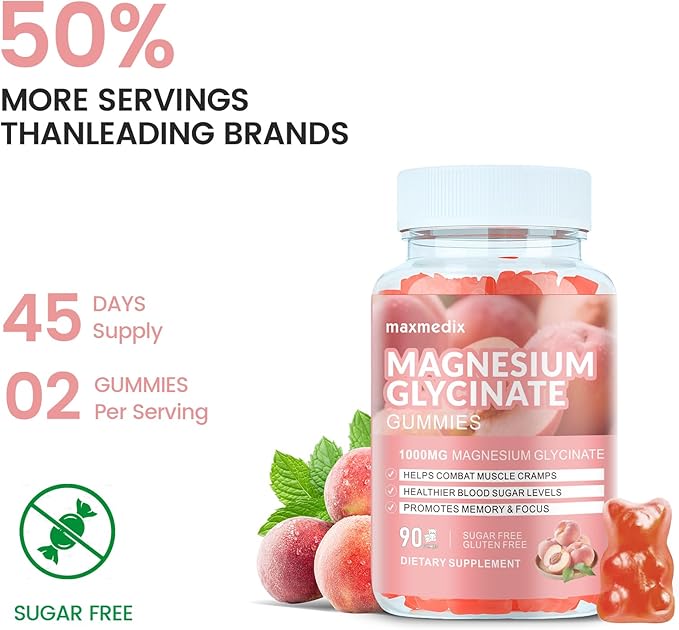 Magnesium Glycinate Gummies 1000mg, Sugar Free Magnesium Potassium Supplements Chewable for Adults with L-Threonate for Sleep, Body Support and Relaxation,90 Peach Gummies