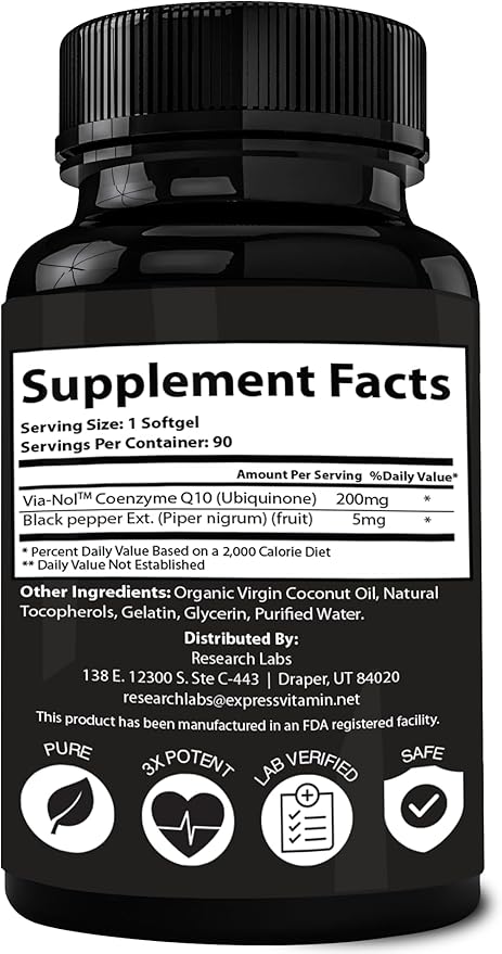 Research Labs 180 Softgels Advanced Absorption 200mg CoQ10 w/Black Pepper Extract. 2 for 1 Ad. Organic, Gluten Free, Heart Health Support, Energy Production, Antioxidant Supplement