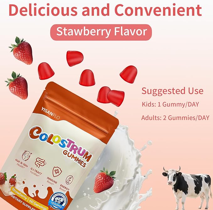 Colostrum Gummies | Delicious 1g per Serving Grass Fed Bovine Colostrum Supplement | Colostrum Chews for Gut Health, Immunity, Hair, Skin and Beauty | 60 Gummies, Strawberry Flavor