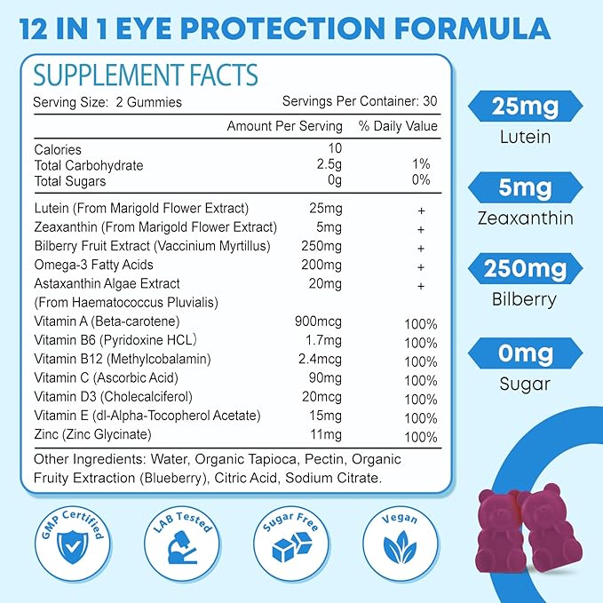Lutein Gummies, 12 in 1 Lutein and Zeaxanthin Supplements Eye Vitamins Gummies for Adults, Eye Health Supplement with Multiple Vitamin for Promoting Eye & Vision - 60 Gummies