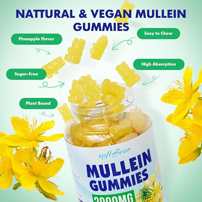 softbear 2PCS Mullein Gummies for Lungs, 2000mg Mullein Leaf Extract Supplement for Respiratory & Digestive & Immune Support, Organic, Vegan, Sugr-Free, Pieneapple Flavor 120 Count