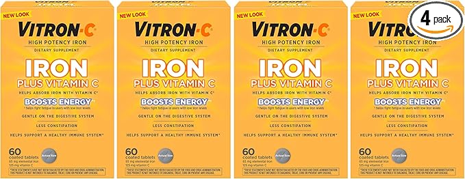 Vitron-C Iron Supplement, Once Daily, High Potency Iron Plus Vitamin C, Support Red Blood Cell Production, Dye Free Tablets, 60 Count (Pack of 4)