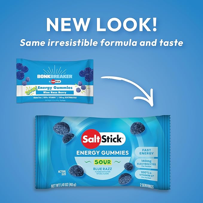 SaltStick Energy Gummies with Electrolytes, Sour Blue Razz, Easy to Chew Electrolyte Gummy, Energy Chews that Taste Great. 10 Packs, 80 Gummies