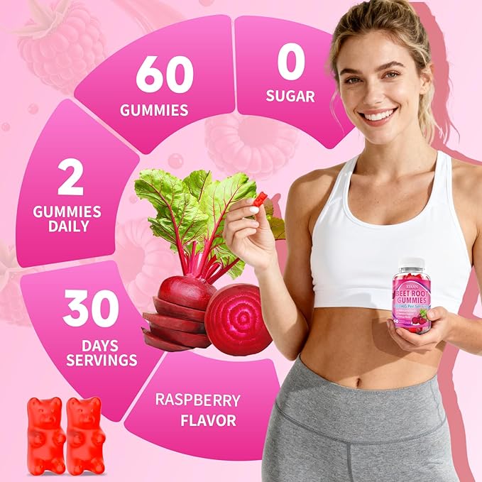 Beet Root Gummies for Women & Men, Beetroot Supplement Beet Chews with Vitamins Grape Seed for Antioxidant Supoort & Immune Health, Sugar-Free/Vegan/Organic,Raspberry Flavor 120 Count
