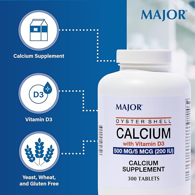 Major Oyster Shell Calcium with Vitamin D3 500 mg / 5 mcg (200 IU) - Daily Calcium Supplement - 300 Tablets (1 Pack)