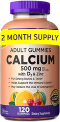 KS Calcium 500 mg with Vitamin D3 1000 IU & Zinc – 120 Gummies (2-Month Supply) – Bone, Teeth & Immune Support for Adults – Natural Orange & Cherry Flavors – USP Verified