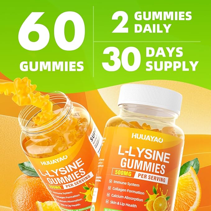 L-Lysine Gummies 500mg, Lysine Gummies Supplement for Immune Support & Skin Health, Collagen Formation Support, Vegan, Gluten Free Chewable Supplement for Adults & Kids, Orange Flavor, 120 Count