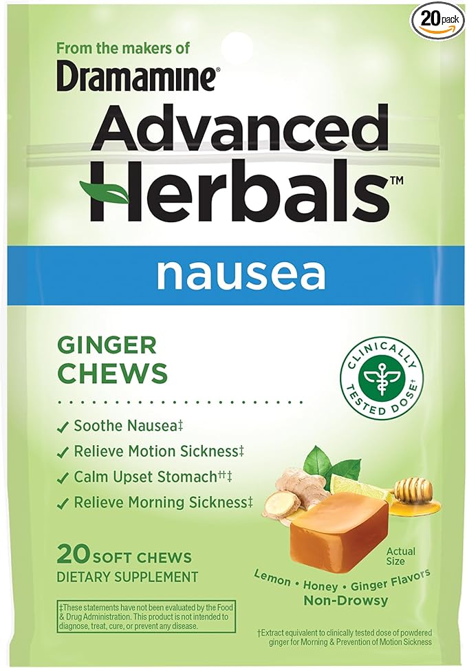 From the Makers of Dramamine, Advanced Herbals Ginger Chews for Nausea Relief, Morning Sickness Relief & Motion Sickness Relief During Travel, Lemon-Honey, 20 Count