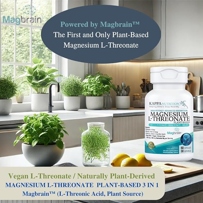 Kappa Nutrition Powered by Magbrain™ Magnesium L-Threonate Plant-Based, 60 Vegan Capsules, 420mg Elemental Magnesium (3 Capsules) from 2,253mg, Brain, Sleep & Muscle Support.
