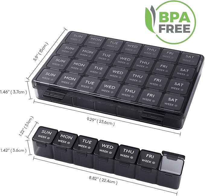 Lifewit Monthly Pill Organizer, 28 Day Pill Box, 4 Weeks One Month Vitamin Cases, Large Compartments Medicine Organizer for Fish Oils, Supplements, 56 Grids, Black