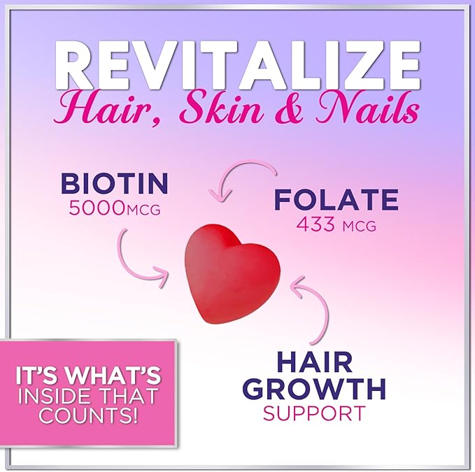 Hair Vitamins Gummies with Biotin 5000 mcg per Serving - Hair Growth Support with Vitamins E & C for Thicker, Stronger & Beautiful Hair - Hair Skin and Nails Vitamin, Gluten Free - 60 Gummies
