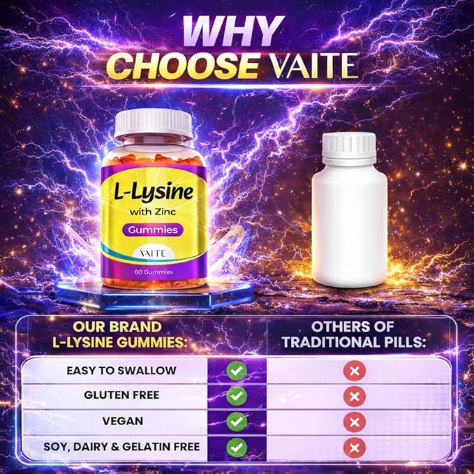 VAITE L Lysine Gummies 1000mg with Zinc - Supports Skin, Lip, Vegan, Gluten Free, 60 Chewable L-Lysine for Adults, Vitamins Tissue Health & Immune System, Amino Acid & Complex Supplements, Non-GMO