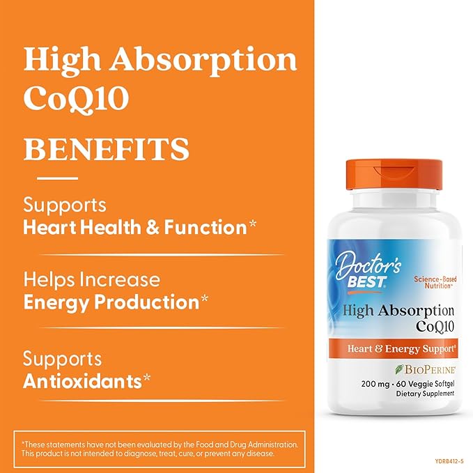 Doctor's Best High Absorption CoQ10 200mg with BioPerine Supplement - Coenzyme Q10 Softgels for Heart Health & Antioxidant Support, CoQ10 200 mg for Women & Men, Non GMO - 60 Veg Softgels