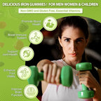 Iron Gummies for Women Men Vitamin Supplement 65mg & Vitamin C 250mg Per Serving with B6 B12 Folate- Energy Support for Iron Deficiency, Anemia, Vegan Raspberry Kiwi & Blackberry Flavor, 120 Gummies