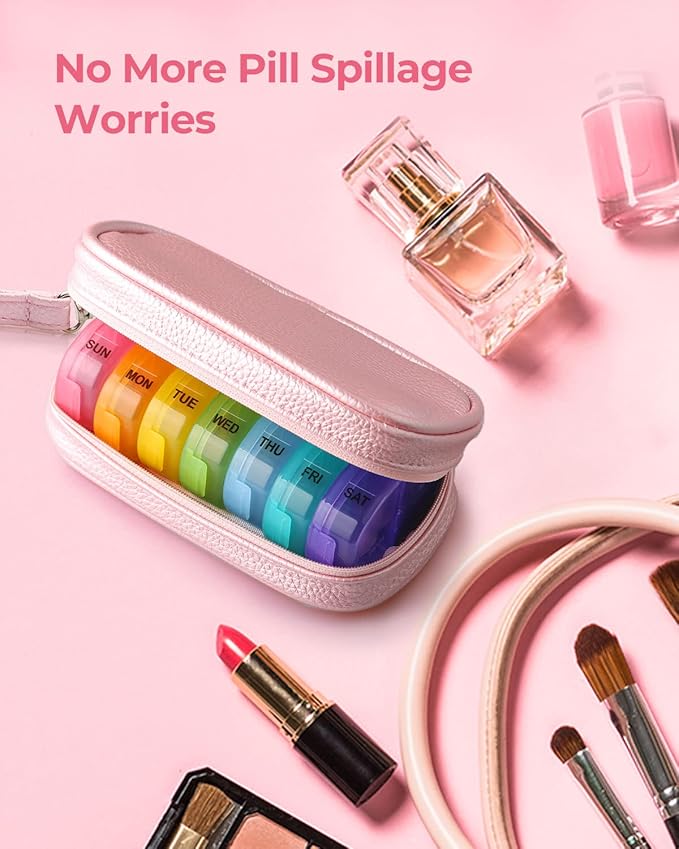 AMOOS Cute Pill Organizer 2 Times a Day, PU Leather Pill Case for Women, Portable Weekly Pill Box for Purse with Storage Bag to Hold Vitamins, Medications, Fish Oils, Supplements (Pink)