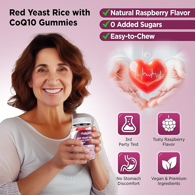 Red Yeast Rice with Coq10 Gummies Sugar Free,Organic Red Yeast Rice 2400mg Enhanced with Coenzyme Q10 200mg, Vegan, Non-GMO, 120 Chewables