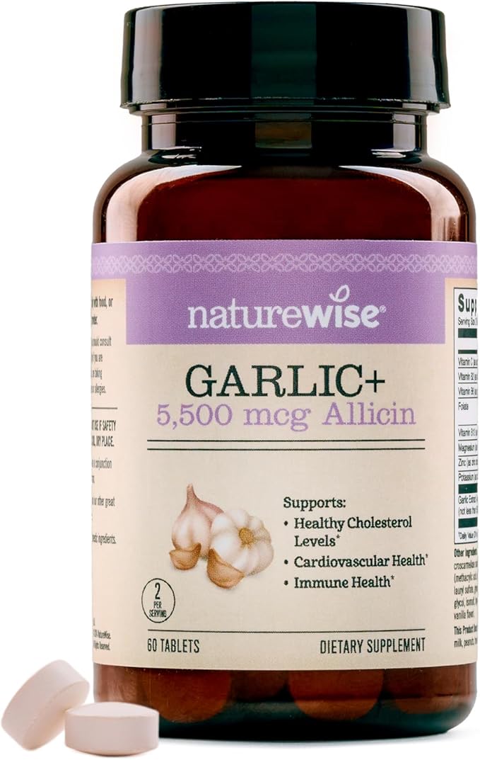 NatureWise Garlic Extract 5,500 mcg Allicin Supplement - Healthy Cholesterol & Blood Pressure Formula + Vitamins B & C - Vegan Tablets w/Enteric Coating, Non-GMO, Gluten-Free, 60 Count [30-Day Supply]