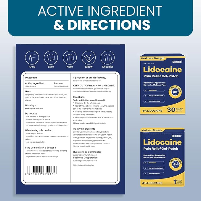 Sumifun 4% Lidocaine Pain Relief Patches 30 Count Maximum Strength Numbing Gel Patch for Back Knee Neck Joint Ache Muscle Soreness Topical Analgesic