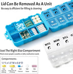 Foldable Weekly Pill Organizer 2 Times a Day with 2 Extra Compartments (Clear Printed Labels) - Portable 7 Day AM PM Medicine Box, Week Daily Travel Pill Case Holder for Vitamin, Supplement - Blue