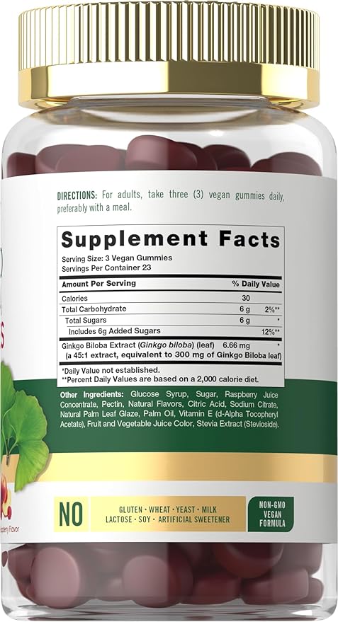 Carlyle Ginkgo Biloba | 70 Gummies | 45:1 Leaf Extract | with Peach Raspberry Flavor | Vegan, Non-GMO, Gluten Free Supplement